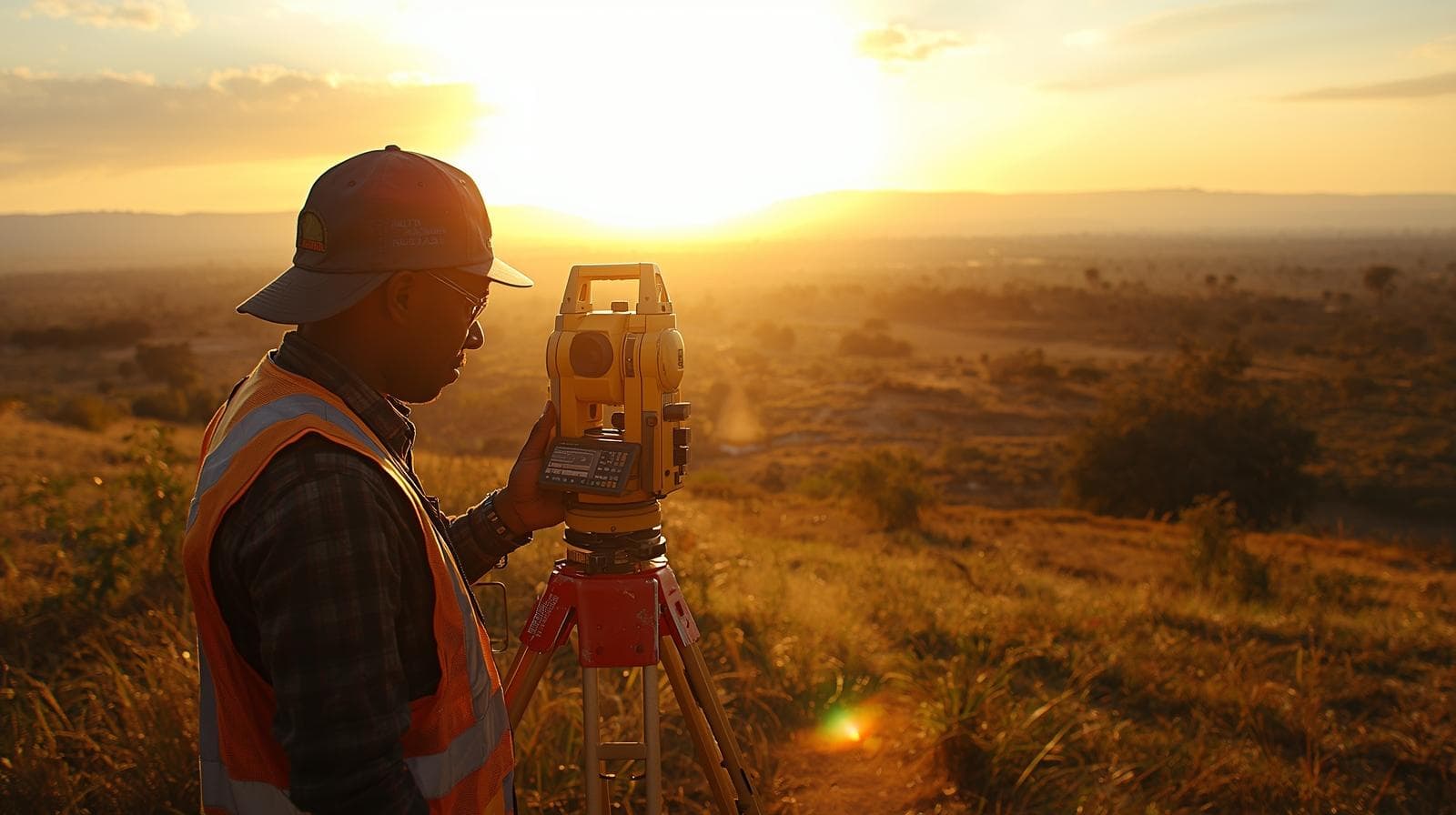 Professional land surveyor operating equipment in Kenyan landscape